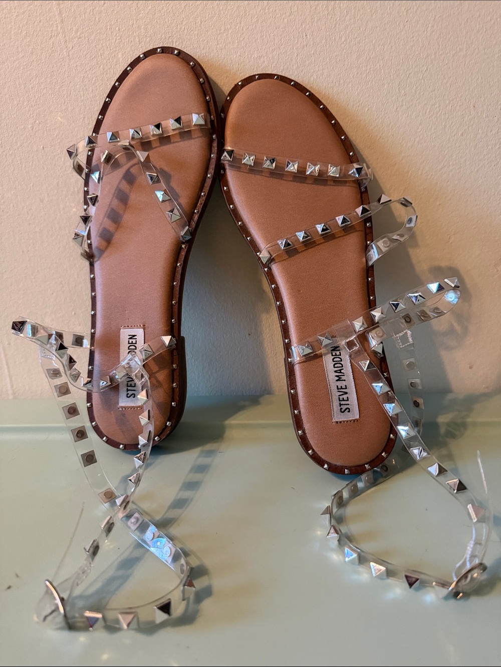 Steve Madden Clear Pyramid-Stud Lace-Up Sandals with Tan Footbed